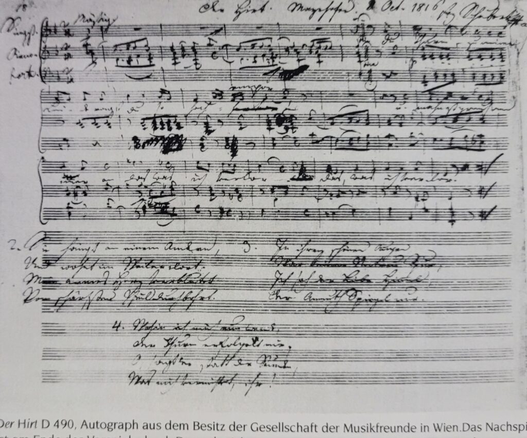 Der Hirt D 490 Autograph aus dem Besitz der Gesellschaft der Musikfreunde Wien Das Nachspiel ist am Ende des Vorspiels durch Doppelstriche, Fermaten und den Vermerk Fine angedeutet aus Programm Heft März 2018 verfasst von Thomas Seyboldt