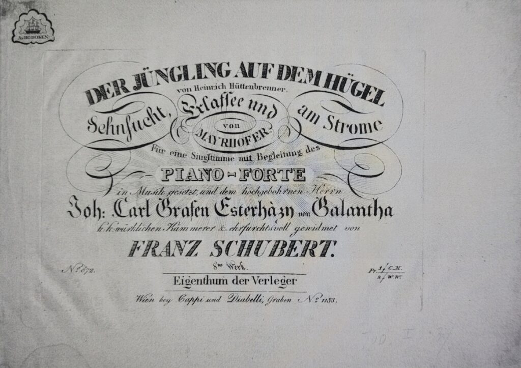 Titelseite von Schuberts Liederheft op. 8 Erstdruck 1822 aus Programm Heft März 2018 verfasst von Thomas Seyboldt